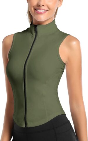 FEOYA Women Sleeveless Athletic Tank Top Shirts Full Zip Up Tshirt for Yoga Running Fitness Exercise