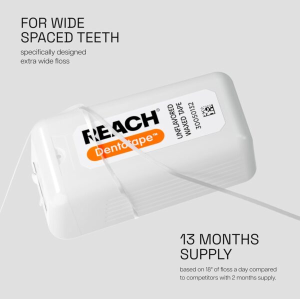 REACH Dentotape Waxed Dental Floss Tape, Unflavored, Extra Wide Floss, Shred & Frey Resistant, Plaque Remover for Teeth, Easy on Gums & Teeth, Oral Care, PFAS Free, for Adults & Kids, 1 Pack, 100 yd