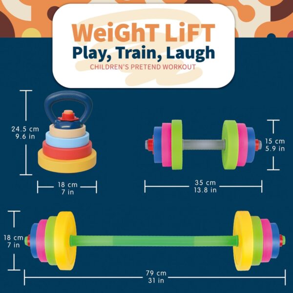 Kids Exercise Weight Set - 3-in-1 Adjustable Workout Toy Equipment for Children Pretend Play Exercise - Toddler Beginner Gym, Fitness, Weightlifting and Powerlifting (Dumbbell, Barbell, Kettlebell)