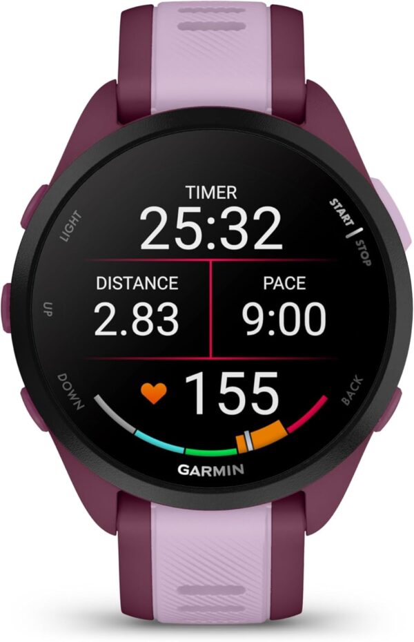 Wearable4U Garmin Forerunner 165 Music Running Smartwatch, Colorful AMOLED Touchscreen, Training Metrics and Recovery Insights Includes PowerPack +Adapters Bundle, Berry/Lilac
