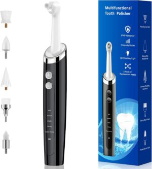 Rechargeable Tooth Polisher Kit for Daily Cleaning, Whitening and Polishing, Electric Dental Teeth Polisher with LED Light, 5 Brush Heads, 5 Speed Modes, Waterproof