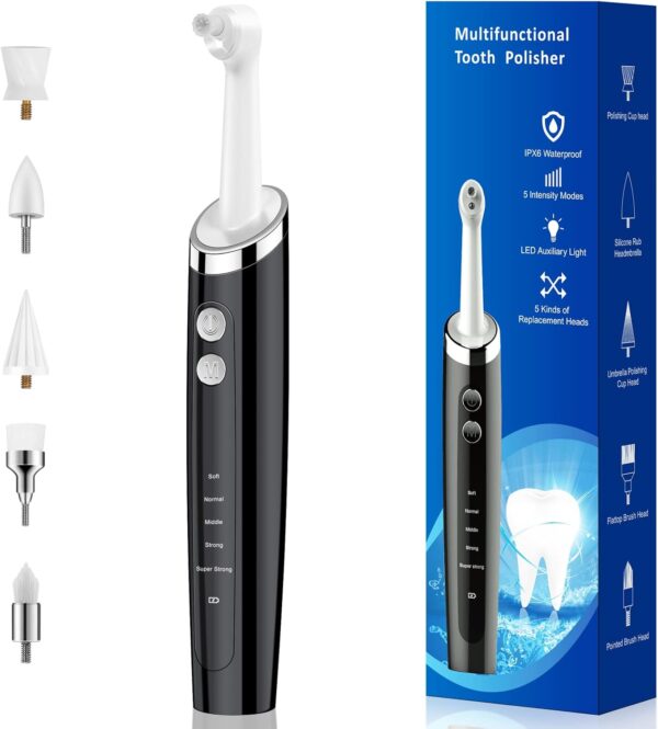 Rechargeable Tooth Polisher Kit for Daily Cleaning, Whitening and Polishing, Electric Dental Teeth Polisher with LED Light, 5 Brush Heads, 5 Speed Modes, Waterproof