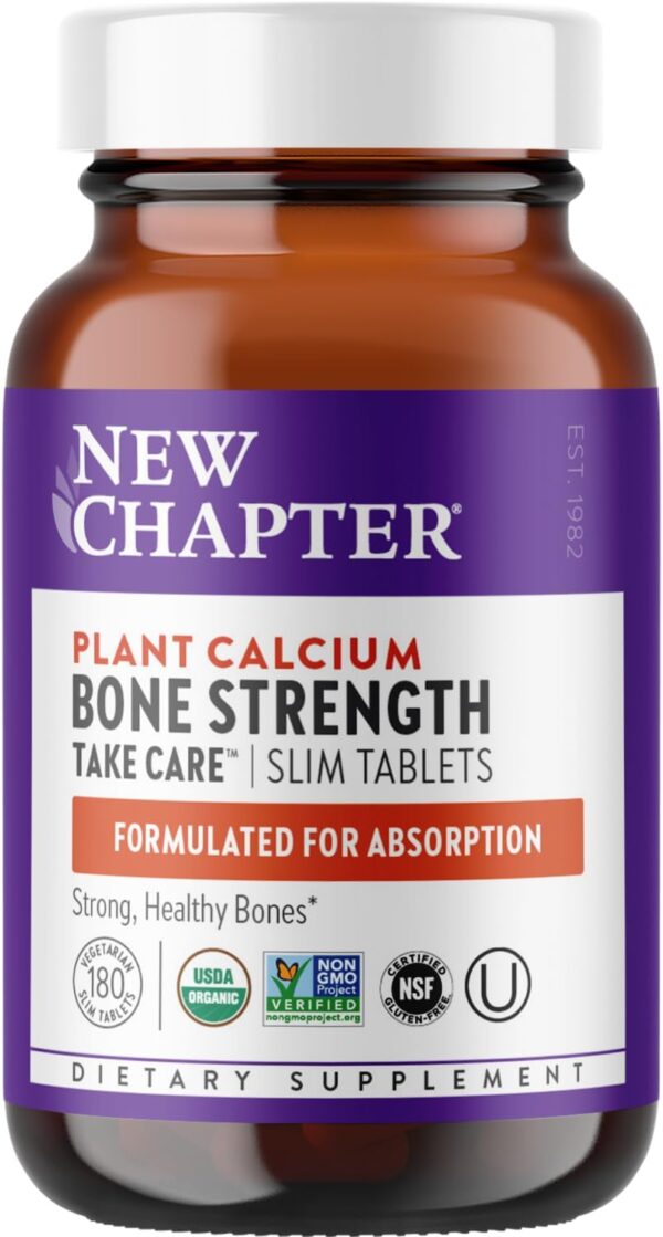 New Chapter Calcium Supplement - Bone Strength Organic Calcium with Magnesium, Vitamin D3+K2, 70+ Trace Minerals for Bone Health, Gluten Free, Easy to Swallow Slim Tablets - 180 Count