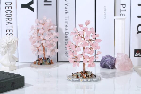 Rose Quartz Healing Crystal Tree of Life Natural Gemstone Agate Slice Base Copper Wire Wrapped Money Trees Pink Feng Shui Reiki Energy Decorations Home Office Room Desk Decor Gifts for Women Men