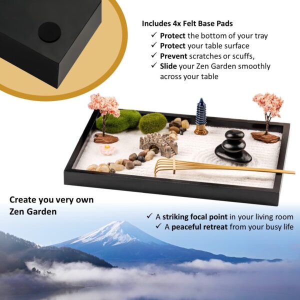 Zen Garden Kit 11x8in. Beautiful Japanese Decor Mini Rock Feature Gift Set for Home, Office Desk. Zen Sand Garden, 6 Tools, 15 Accessories. Sand Tray Therapy Desktop Meditation Room