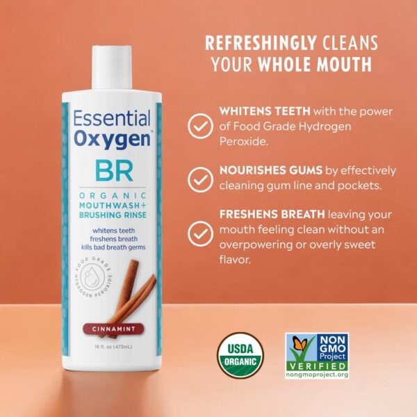 Essential Oxygen, Certified Organic Brushing Rinse, Cinnamint, 16 fl oz, All Natural Mouthwash for Whiter Teeth, Fresher Breath, and Happier Gums, Dentist Recommended, Alcohol-Free, BR (Pack of 1)