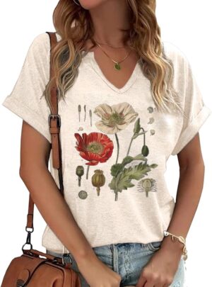 Vintage Flowers V Neck Shirt for Women Boho Floral Wildflowers Graphic Tee Casual Cottagecore Summer T Shirt