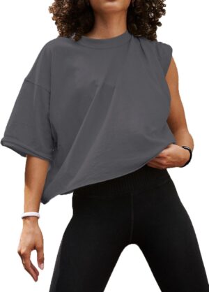 Women's Oversized Crop Tops Roll Hem Half Sleeve T-Shirts Drop Shoulder Casual Summer Tops