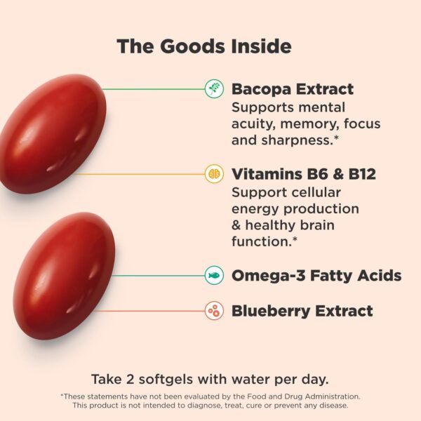 OLLY Ultra Strength Brain Softgels, Nootropic, Supports Healthy Brain Function, Memory, Focus and Concentration, Omega-3s, Vitamins B6 and B12, 30 Day Supply - 60 Count