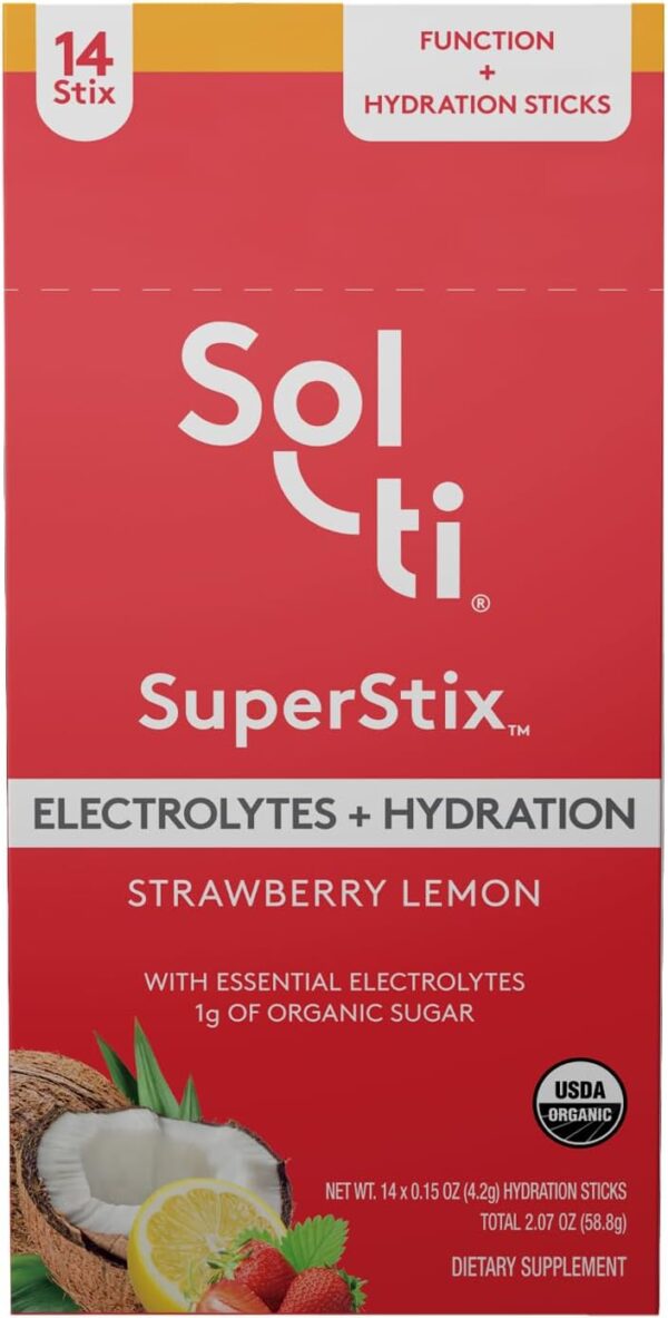 Sol-ti Organic Electrolytes + Hydration Drink Mix, Superfood Hydration Sticks, SuperStix, Non-GMO, Vegan, Strawberry Lemon, 14 Single-Serving Sticks