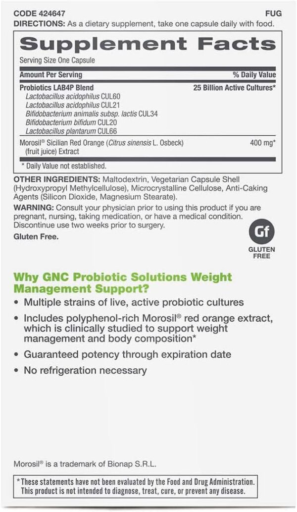 GNC Probiotic Solutions Weight Management Support with 25 Billion CFUs | Contains Clinically Studied Strains of Live, Active Probiotic Cultures, Vegetarian, Gluten Free, | 30 Capsules
