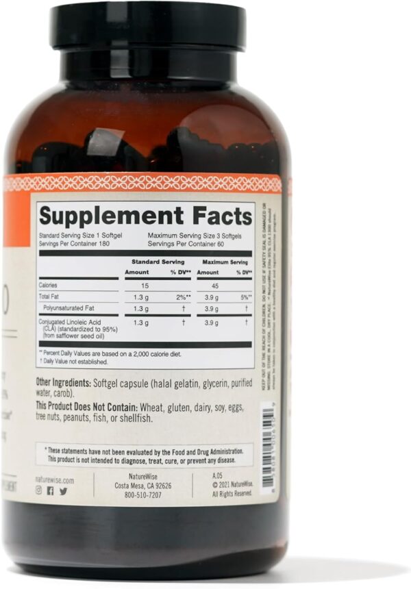 NatureWise CLA 1300 - 95% Active Conjugated Linoleic Acid for Women and Men, Not Stimulating, Supports Weight & Fitness Goals - Non-GMO, Gluten Free - 180 Softgels[2-Month Supply]