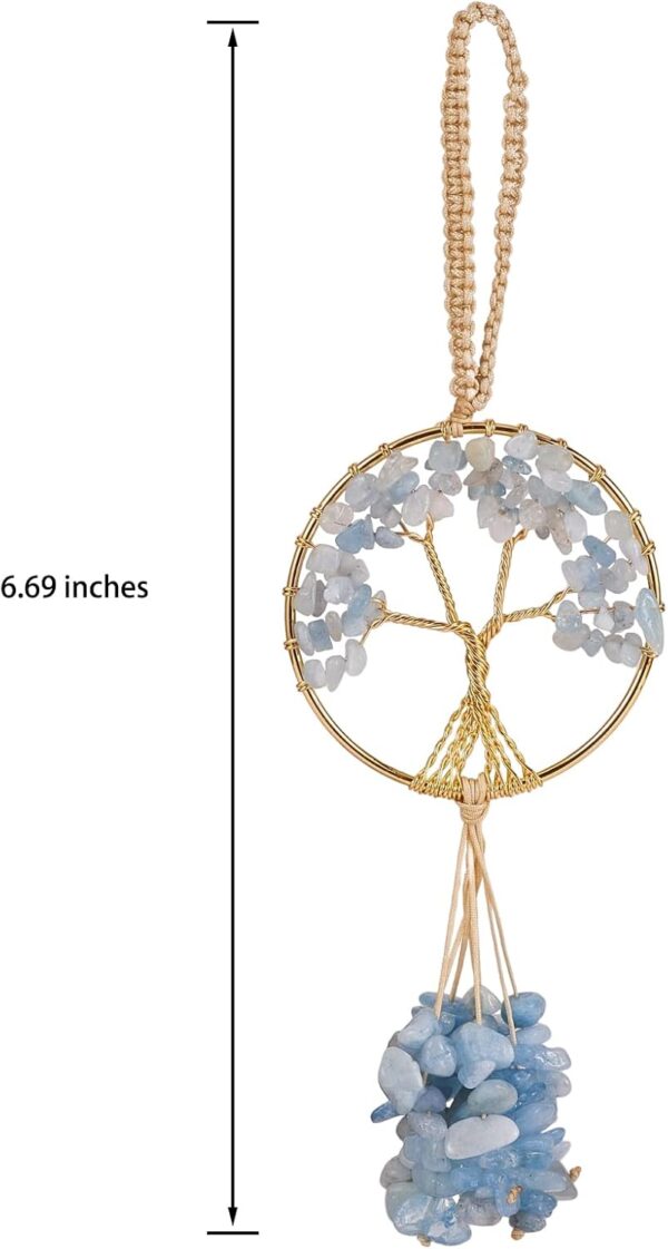 Healing Crystal Ornament Tree of Life Natural Aquamarine Tree of Life Charm Car Rearview Mirror Accessories Hippie Boho Interior Room Wall Ornament Meditation Good Luck Decoration