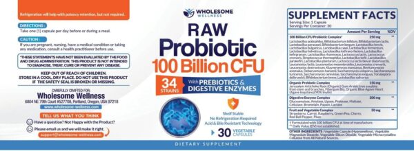 Organic Raw Probiotics 100 Billion CFU, Dr Formulated for Women and Men, Complete Adult Supplement with Prebiotics and Digestive Enzymes; 30 Capsules, Shelf Stable
