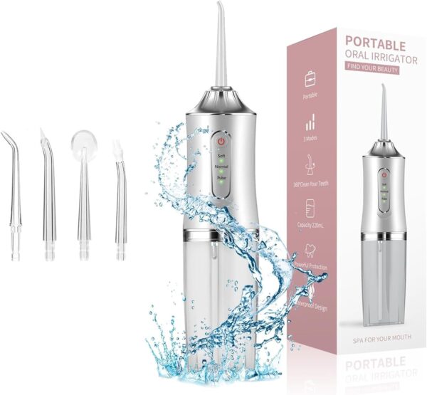 Water Dental Flosser Teeth Irrigator with 3 Modes Cordless Water Teeth Cleaner with 4 Replace Sprinkler Head IPX7 Waterproof Rechargeable Portable for Travel Home Braces Bridges Care