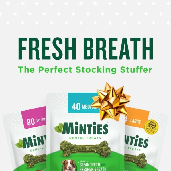 Minties Dental Chews for Dogs, 60 Count, Vet-Recommended Mint-Flavored Dental Treats for Medium Dogs 25-50 lbs, Dental Bones Clean Teeth, Fight Bad Breath, and Removes Plaque and Tartar
