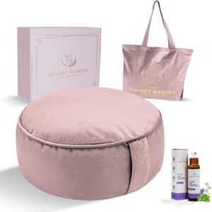 Secret Garden Velvet Meditation Cushion – Large Yoga Cushion to Achieve Full Serenity – Eco-Friendly Buckwheat Hull Filled Meditation Pillow – Yoga Pillows for Sitting on Floor (Rose Pink)