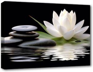 LZIMU Zen Canvas Wall Art White Lotus and Black Zen Stones Bloom in Water Picture Prints for Yoga Spa Meditation Spiritual Room Bathroom Decor (Zen-1, 16"x24")