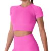 IWEMEK Women Seamless Yoga Outfits 2 Piece Workout Short Sleeve Crop Top with High Waisted Running Shorts Sets Activewear
