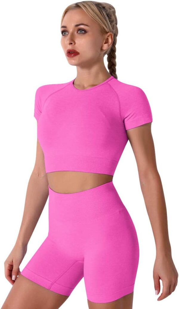 IWEMEK Women Seamless Yoga Outfits 2 Piece Workout Short Sleeve Crop Top with High Waisted Running Shorts Sets Activewear