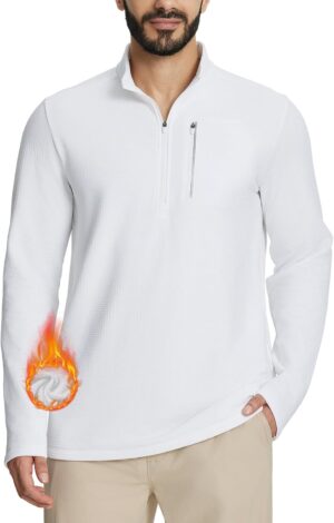 BALEAF Men's Fleece Lined Running Jacket Quarter Zip Cold Weather Gear Waffle Thermal Pullover with Zip Pockets