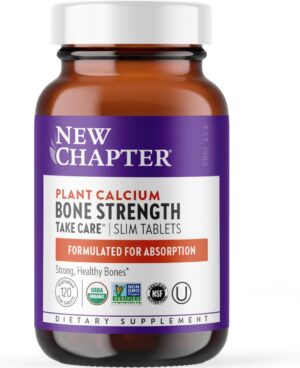 New Chapter Calcium Supplement - Bone Strength Organic Calcium with Magnesium, Vitamin D3+K2, 70+ Trace Minerals for Bone Health, Gluten Free, Easy to Swallow Slim Tablets - 120 Count