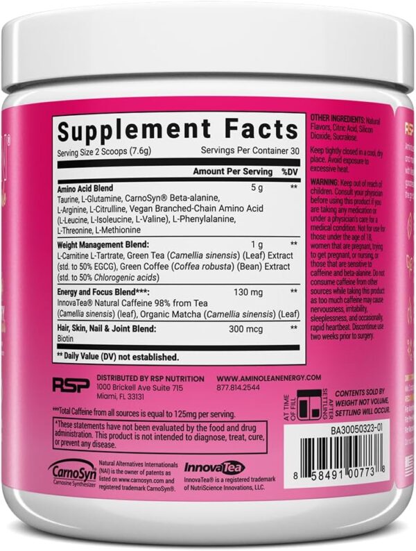 RSP NUTRITION AminoLean Pre Workout, Clean Energy with No Jitters, Tingles or Crash, Vegan Friendly with Added Biotin for Hair, Skin, Nails, Berry Elixir, 30 Servings