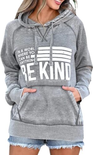 Hongqizo Womens Be Kind Hooded Sweatshirt Long Sleeve Pocket Sweatshirt Hoodies