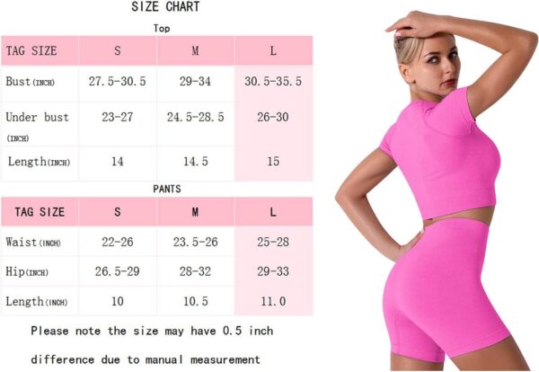 IWEMEK Women Seamless Yoga Outfits 2 Piece Workout Short Sleeve Crop Top with High Waisted Running Shorts Sets Activewear
