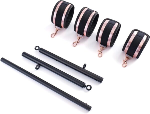 Spreader Bar Heavy Duty Stainless Steel Expandable Black Bar Home Gym with 4pcs Furry Purple Adjustable Strap,Sports Aid Training Fitness Gear Pilates Aid Kit,Yoga Set (Black+Rose-Gold PU Kit)