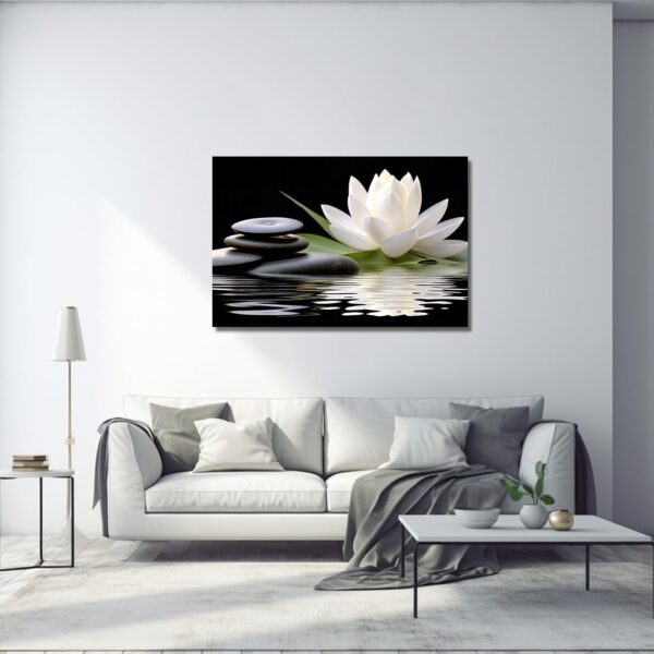 LZIMU Zen Canvas Wall Art White Lotus and Black Zen Stones Bloom in Water Picture Prints for Yoga Spa Meditation Spiritual Room Bathroom Decor (Zen-1, 16"x24")