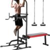 Arlopu Power Tower with Bench, Pull Up Bar Stand, Dip Bar w/Folding Bench 4 Ropes Strength Training, Multi-Function Fitness Equipment for Home Gym, Adjustable Heights and Angles Dip Station, 400LBS
