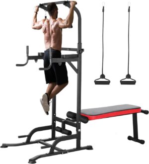 Arlopu Power Tower with Bench, Pull Up Bar Stand, Dip Bar w/Folding Bench 4 Ropes Strength Training, Multi-Function Fitness Equipment for Home Gym, Adjustable Heights and Angles Dip Station, 400LBS