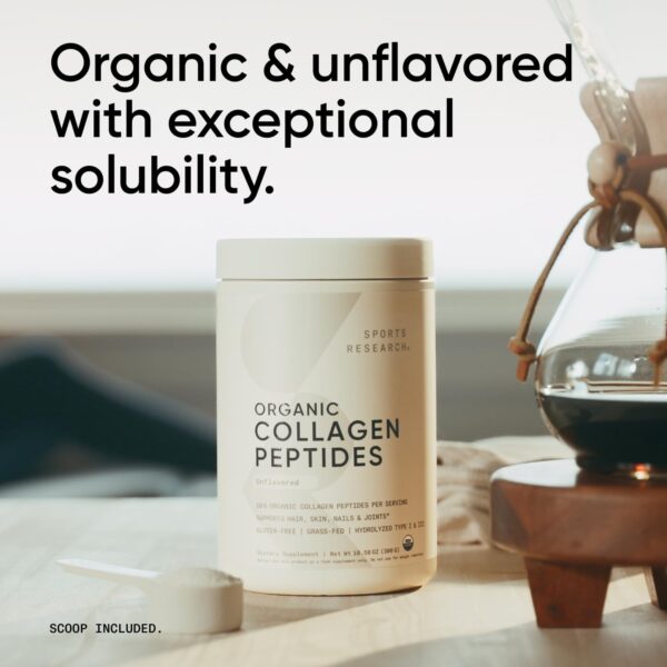 Sports Research­® Organic Collagen Peptides - Hydrolyzed Type I & III Collagen Protein Powder Made Sustainably from Grass-Fed Cows - Unflavored - 30 Servings