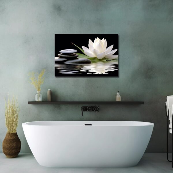 LZIMU Zen Canvas Wall Art White Lotus and Black Zen Stones Bloom in Water Picture Prints for Yoga Spa Meditation Spiritual Room Bathroom Decor (Zen-1, 16"x24")