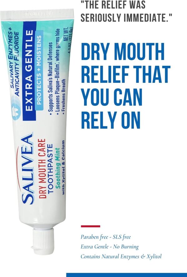 SALIVEA Dry Mouth Toothpaste - Soothing Mint Toothpaste with Natural Salivary Enzymes - Gentle Toothpaste to Aid Dry Mouth Care - Natural, Paraben Free Dry Mouth Toothpaste - Mint Flavor (4.3 oz Tube)