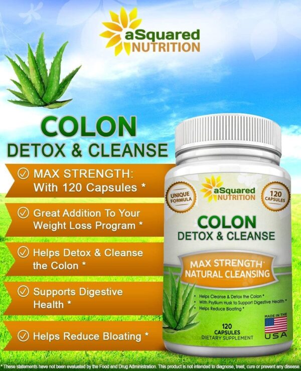 aSquared Nutrition Pure Colon Cleanse for Weight Loss - 120 Capsules, Max Strength, Natural Colon Detox Cleanser, Colon Cleansing Diet Supplement Blend for Digestive Health, Diet Pills for Men & Women