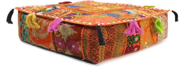CRAFT KALA Indian Square Patchwork Traditional Pouf Cover Indian Living Room Poufs Decorative Embroidered Designer Ottoman Home Living Footstool Chair Cover Decor Pillow Cover 22x22x5 inches, Orange