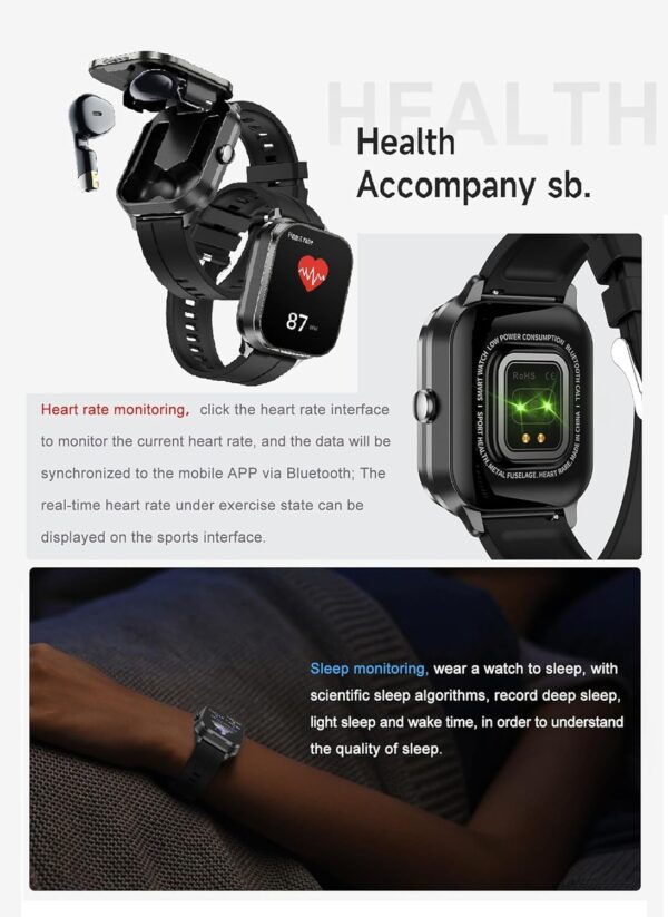 Smart Watch for Men with Earbuds Men Watches Blood Pressure Monitor Heart Rate Monitor Make/Answer Call Bluetooth Earphones Fitness Tracker Outdoor Sports Pedometer Calories Step Counter Waterproof