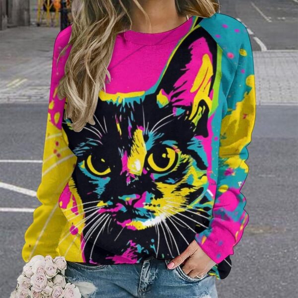 ZOCAVIA Women's Y2K Art Cat Sweatshirts Fall Abstract Cat Graphic Pullover Tops Long Sleeve Oil Painting Cat Printed T Shirts