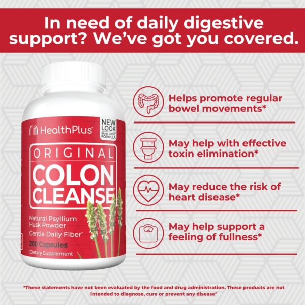 Health Plus Colon Cleanse Digestive Support | All Natural Daily Fiber for Toxin Elimination To Reduce Bloating | Supports Heart Health | 200 Capsules, 33 Servings