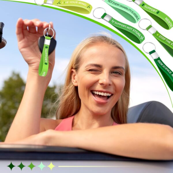 60 Pcs Mental Health Awareness Silicone KeyChain Green Awareness Ribbon KeyChain Rubber Green Awareness KeyRings for Cerebral Palsy, Glaucoma, Liver Cancer, and Organ Donation for Men Women