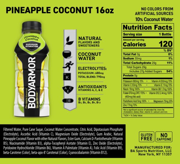 BODYARMOR Sports Drink Sports Beverage, Pineapple Coconut, Coconut Water Hydration, Natural Flavors With Vitamins, Potassium-Packed Electrolytes, Perfect For Athletes, 16 Fl Oz (Pack of 12)