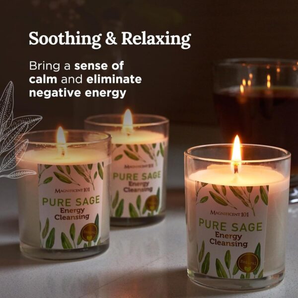 Magnificent 101 Set of 3 Long Lasting Pure Sage Smudge Candles - 42-Hour Burn, 3.5 Oz Each, Soy Wax, Sage Cleansing for House Energy, Meditation & Manifestation