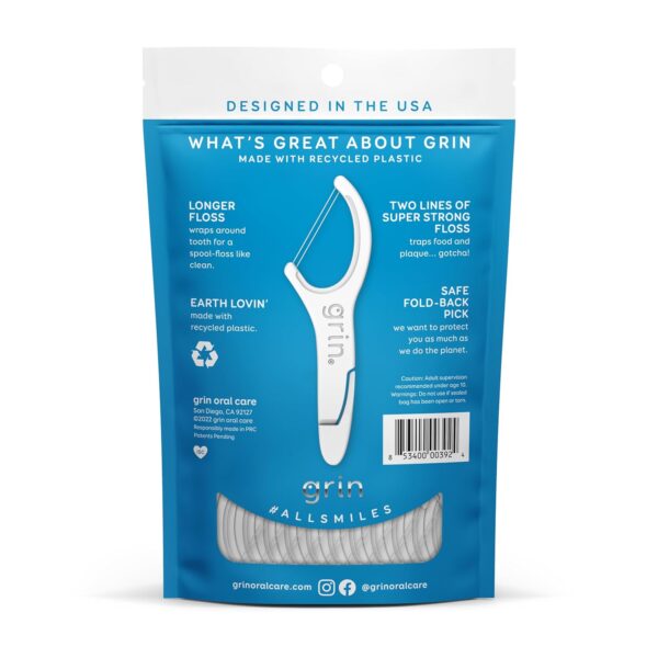 GRIN Double Flosspyx, Floss Picks, 75 Count, Dental Flossers, Minty Flavor, Recycled Plastic, 2 Lines of Strong Floss, Longer Floss Head, Traps Food and Plaque, Includes Safe Soft Fold-Back Tooth Pick