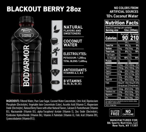 BODYARMOR Sports Drink Sports Beverage, Blackout Berry, Coconut Water Hydration, Natural Flavors With Vitamins, Potassium-Packed Electrolytes, Perfect For Athletes, 28 Fl Oz (Pack of 12)