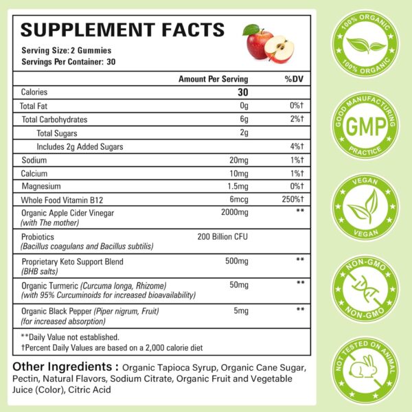 Apple Cider Vinegar Keto ACV Gummies with Mother, Max Strength Advanced 2000mg with Probiotics & Vitamin B12, for Digestion, Metabolism, Cleanse & Detox Diet, 60 Count
