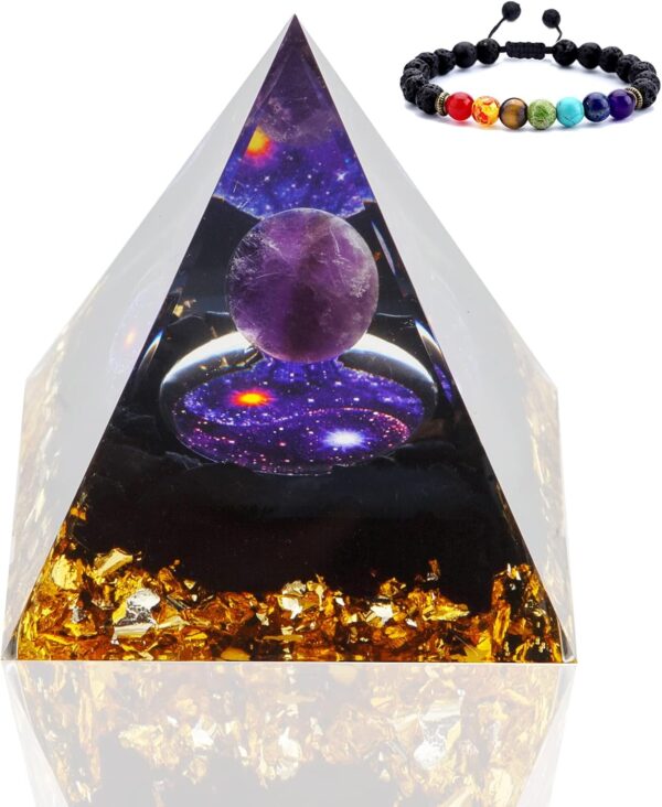 DRTMLY Orgone Pyramid, Orgonite Crystal Pyramid, Orgone Energy Generator for Reduce Stress Healing Meditation Attract Wealth and Lucky (with 1 Chakra Bracelet)