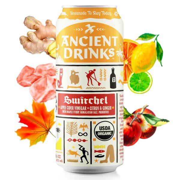 ANCIENT DRINKS Apple Cider Vinegar Beverage with Electrolytes, Vitamins, & Probiotics, Organic, Super-Hydrating Sports Drink - Switchel (Citrus & Ginger) - 16 fl oz (12 cans)