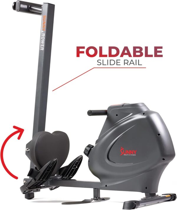 Sunny Health & Fitness Multi-Function Premium Magnetic Rowing Machine, Bicep Curls, Upward Rows, Seated Rows, Foldable Slide Rails, Digital Monitor and Optional Bluetooth with Free SunnyFit App